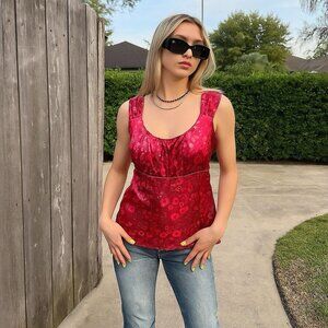 Vintage Y2K Self Esteem Babydoll Red Satin Floral Top Fairy Vamp Womens Size 2X